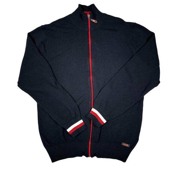 Paul Parker Men's XL Knit Full Zip Modal Cotton Sweater Navy Red White Striped - Picture 1 of 8